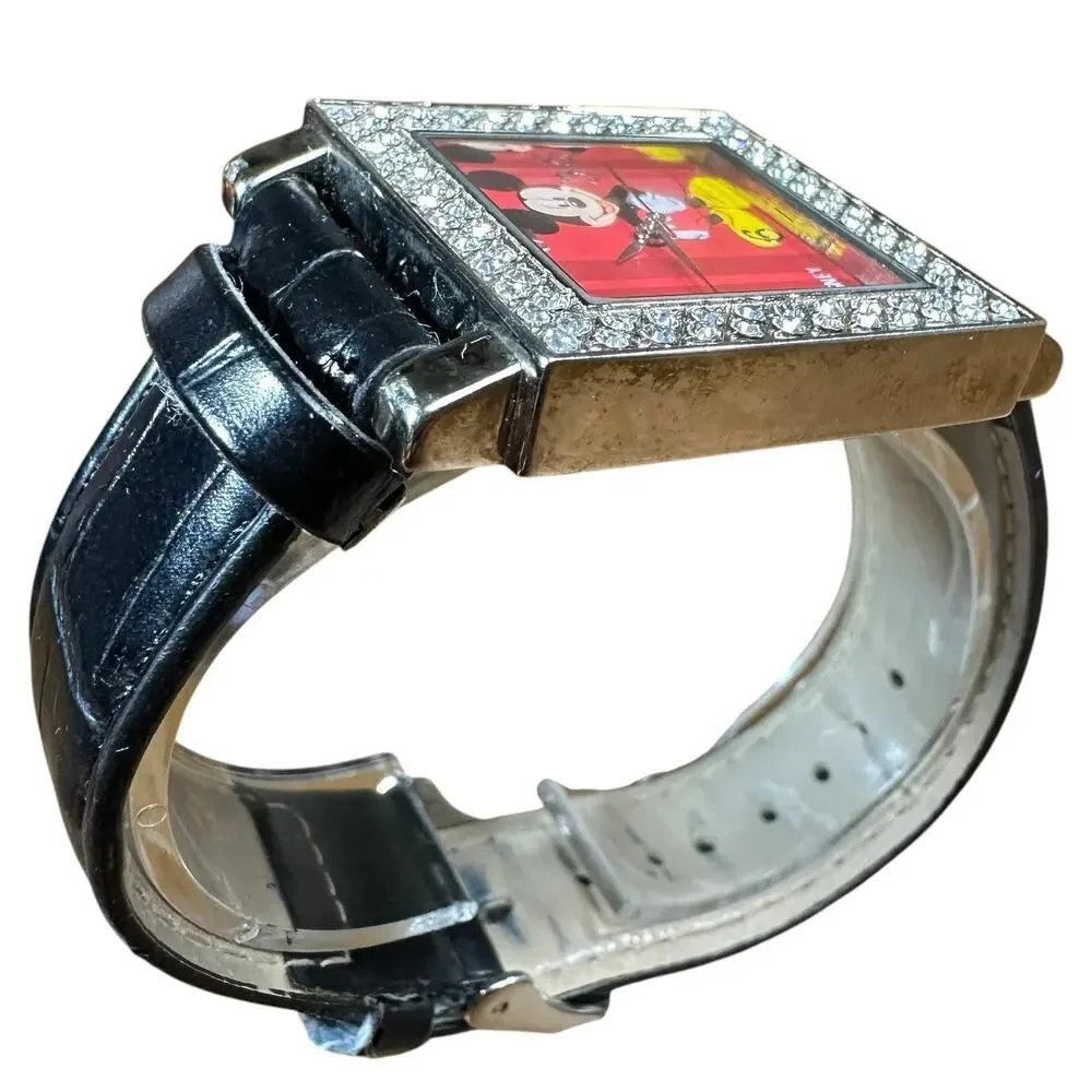 Vintage Disney Mickey Mouse Watch Reptile Print Band Swarovski Type Crystals